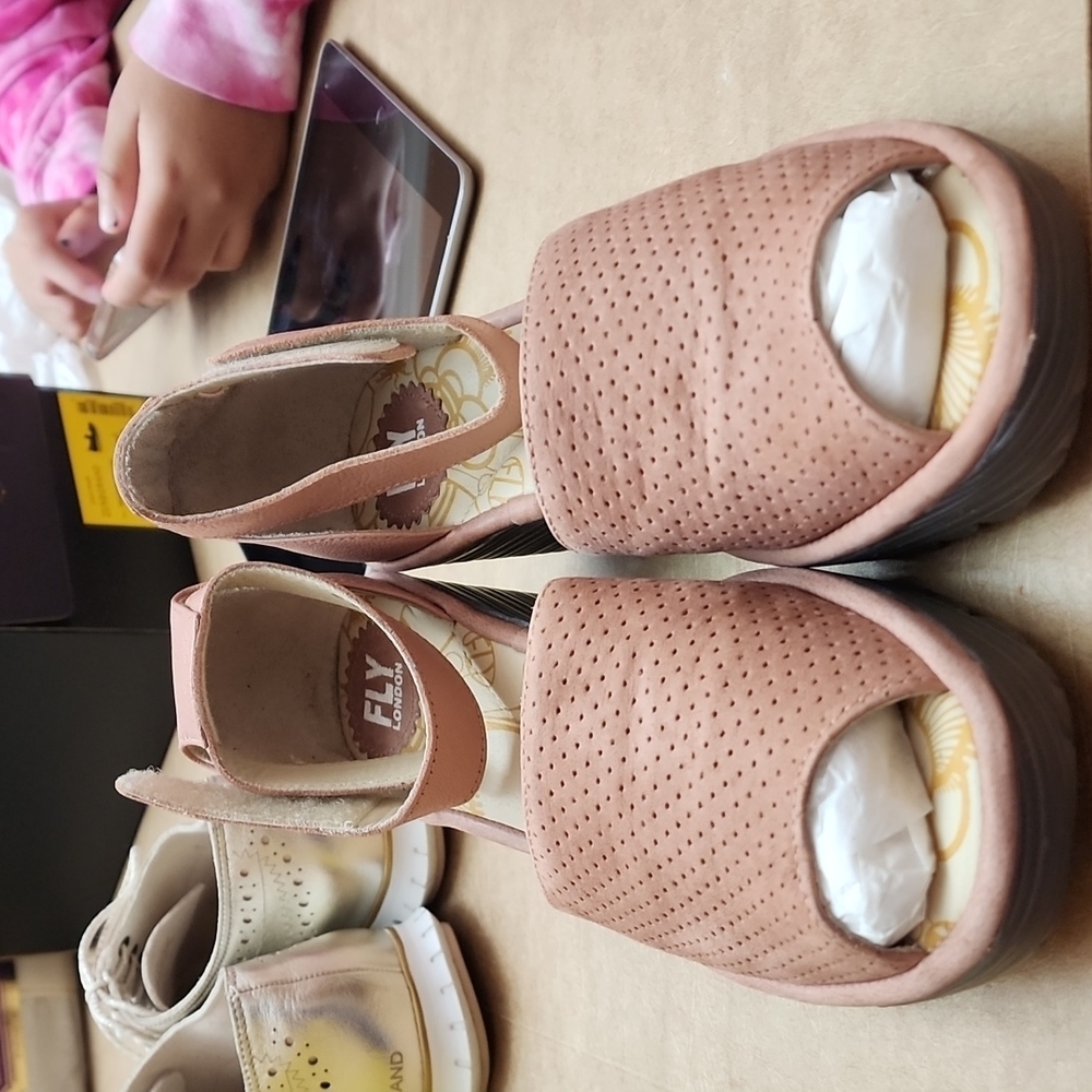 Fly London Womens Yake Pink Perforated Leather Wedge Sandal size 9.5